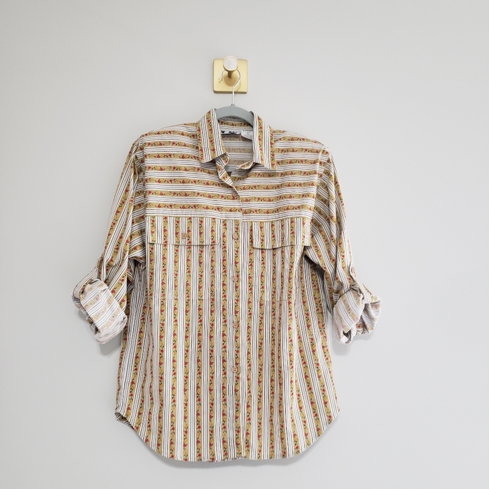 Vintage Floral Striped Button-Up Shirt Women Small Tan Yellow Cottagecore Farm